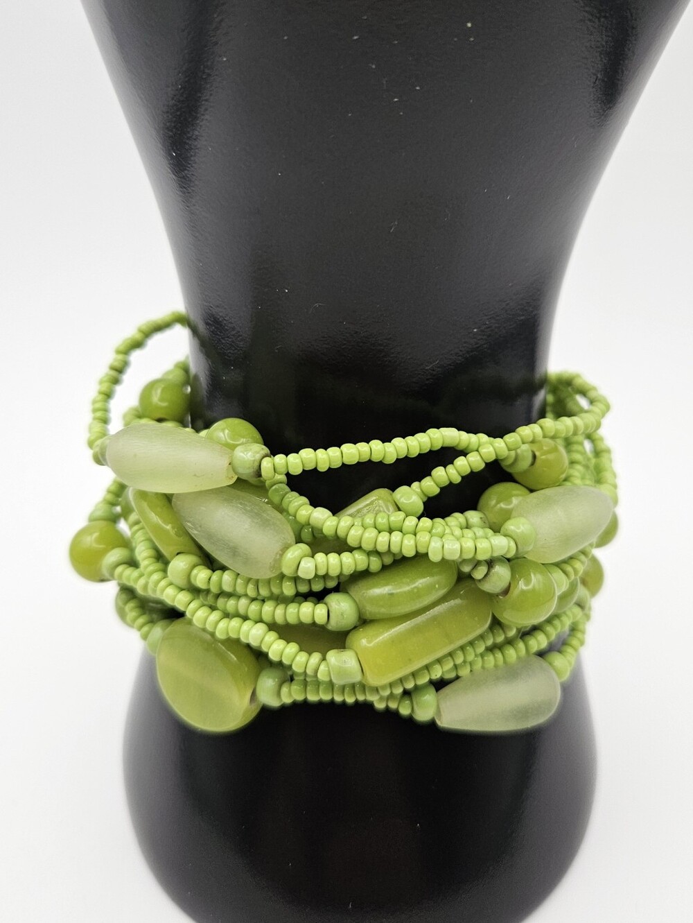 Boho Multi Strand Seed Bead Bracelet Green Glass Jade Look Chunky Cuff